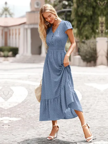 Miniatura 4 de PRETTYGARDEN - Vestido estilo bohemio, manga corta, cuello en V y plumetí con volados para mujer, vestido largo fruncido de cóctel