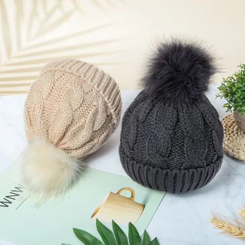 Miniatura 2 de YSense Wear 2 Pack Toddler Kids Winter Warm Fleece Lined Beanie Hats for Boys and Girls Crochet Hairball Knit Cap 1-6 Years