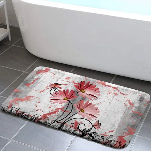 Miniatura 6 de Alfombra de baño rústica de granja, diseño de margaritas y mariposas en madera de campo, tapete de baño de madera color gris, blanco, azul marino