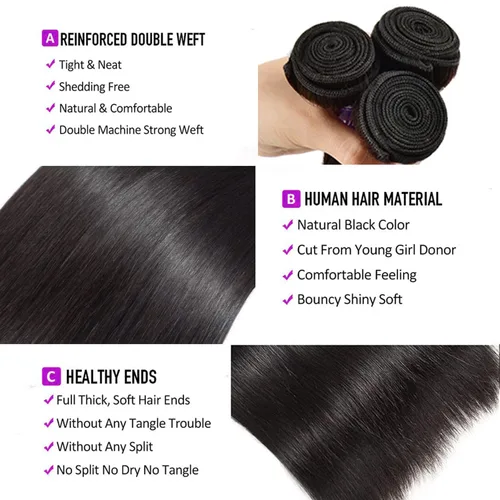 Miniatura 3 de 3 manojos de cabello humano brasileño lacio ondulado grado 10A, cabello virgen Remy sin procesar, 24, 26, 28 pulgadas, paquetes de cabello lacio
