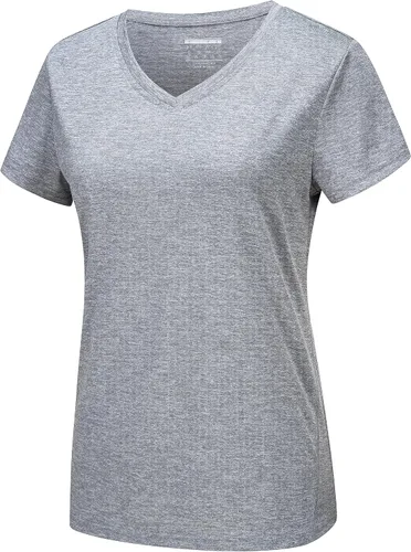 MAGCOMSEN Camiseta de manga corta con cuello en V para mujer, absorbe la humedad, camiseta de entrenamiento atlético, ropa deportiva, tops de yoga