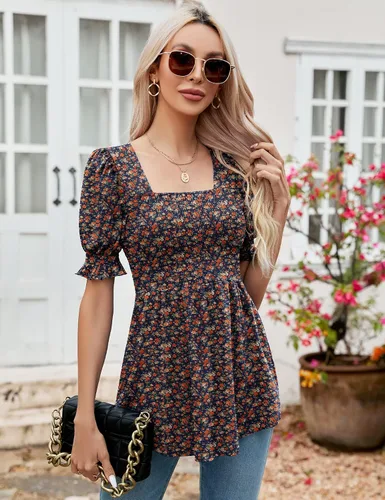 Miniatura 3 de LOMON Túnicas de mujer con cuello cuadrado, manga corta abombada, blusa peplum para mujer, camisetas 2024 primavera verano S-XL