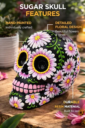 Miniatura 5 de Banco de monedas con diseño floral de calavera de azúcar negra y rosa de 5 pulgadas