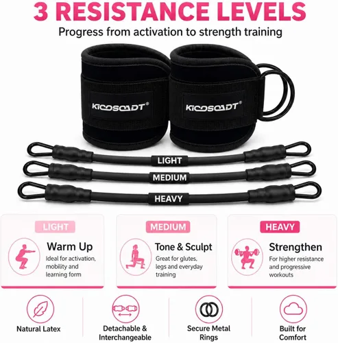 Miniatura 6 de Ankle Resistance Bands with Cuffs, Natural Latex Tubes, 3 Levels for Leg and Glute Workouts, Padded Ankle Straps for Kickbacks, Hip Training and