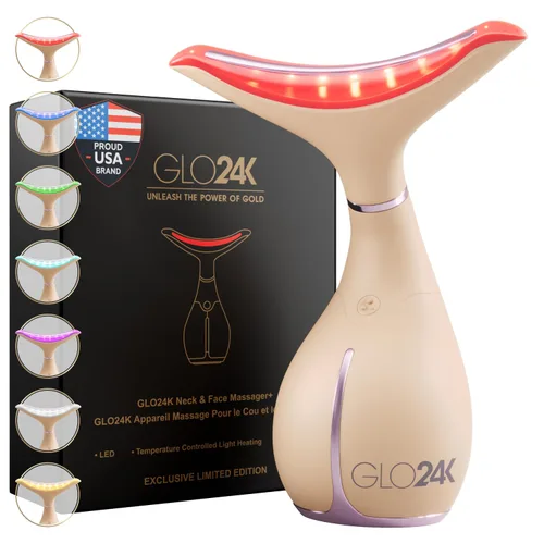 GLO24K Dispositivo de Belleza de 7 Colores – Tecnología de Acción LED Triple y Vibración Facial y Masajeador de Cuello