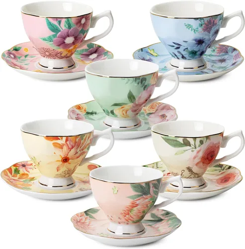 Miniatura 10 de BTAT - Juego de 8 tazas de té y platillos florales (8 onzas), juegos de tazas de té de porcelana, colores surtidos con ribete dorado y caja