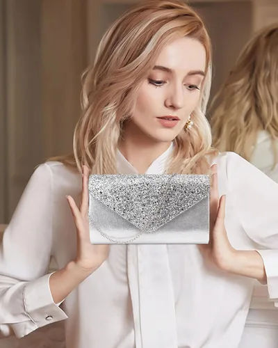 Miniatura 7 de Queena Bolso de mano de noche brillante con purpurina para mujer, bolso de mano con cadena para boda, fiesta, graduación, regalo para mamá, esposa