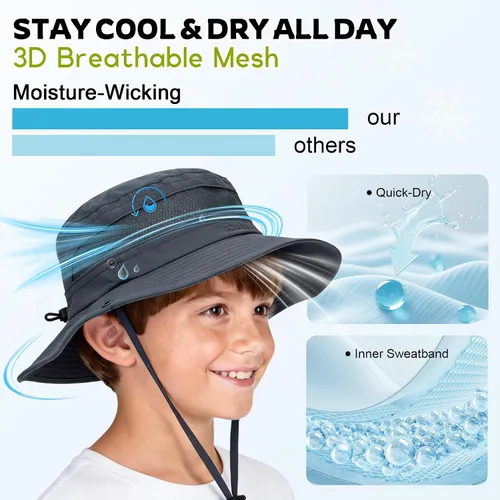 Miniatura 4 de Sombrero de sol para niños con protección solar UPF 50+, sombrero de pescador para niños y niñas, ala ancha, verano, playa, pesca, safari, sombrero
