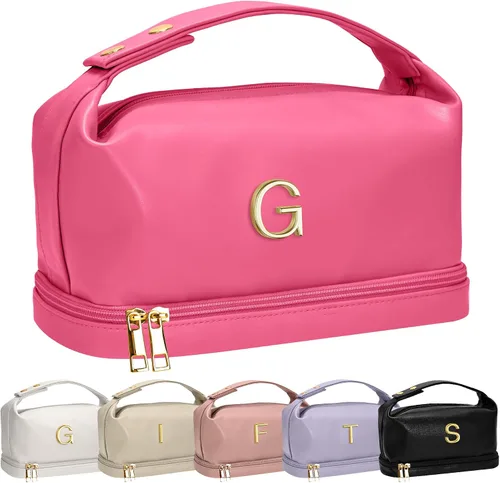 Miniatura 81 de Bolsa de maquillaje con asa, bolsa de cosméticos impermeable de doble capa, bolsas de maquillaje de cuero PU de gran capacidad con letra, bolsa