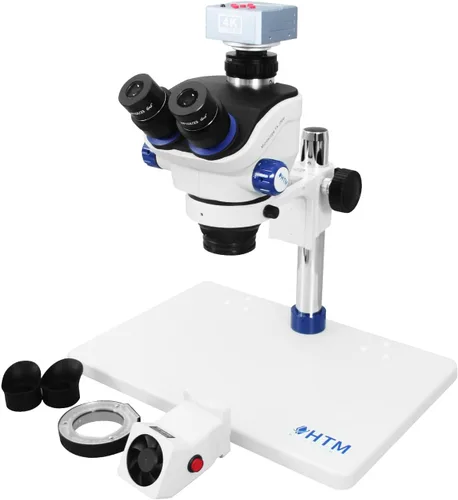 HengTianMei Microscopio de zoom estéreo trinocular TX-350E equipado con una cámara 4K, oculares WF10x, aumento 7X-50X, microscopio de soldadura