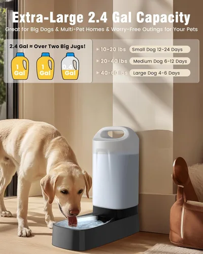Miniatura 4 de Dispensador automático de tazón de agua para perros - Alimentador de agua por gravedad para mascotas de acero inoxidable de 2.4 galones con diseño