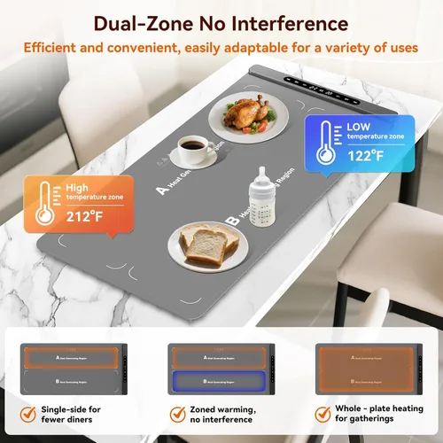 Miniatura 3 de Newise Tapete de calentamiento de alimentos de grafeno con control de doble zona, bandeja de calefacción eléctrica XXL de 36 x 17 pulgadas, 6 Gris