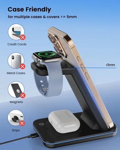 Miniatura 7 de Soporte de cargador inalámbrico, estación de carga inalámbrica rápida 3 en 1 para Apple Watch 11/9/8/7/6/SE/5/4/3/2, Airpods 3/2/Pro, iPhone Negro