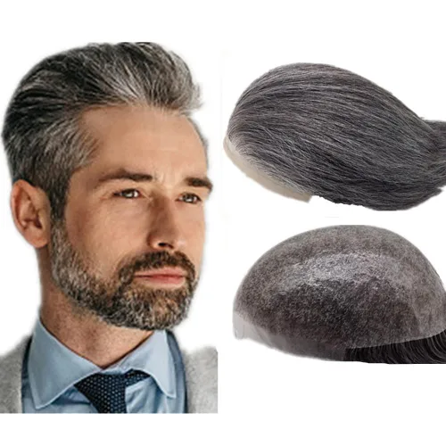 Miniatura 19 de 1B20 unidades de cabello gris Toupee para hombres piezas para hombre NLW sistema de reemplazo de heredero humano europeo para hombres 10x8 "toupee
