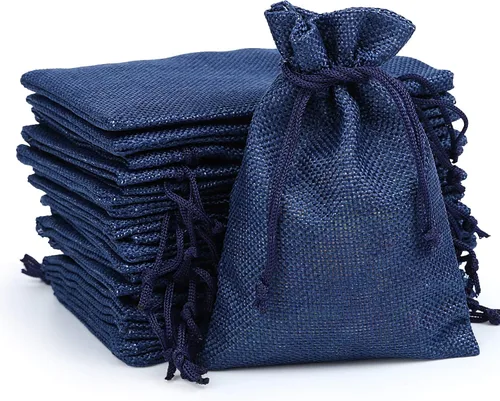 Miniatura 10 de Naler 24 bolsas de arpillera de 3.9 x 5.5 pulgadas con cordones, bolsas de regalo de lino, bolsas de joyería para bodas, recuerdos de fiesta, Azul