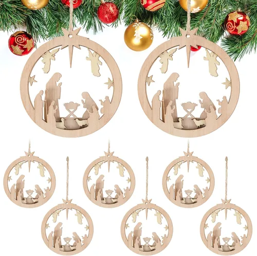Miniatura 17 de Blulu Juego de 4 piezas de adornos navideños de escena de la natividad, set de regalo a granel, adorno colgante de madera cristiano 3D para árbol