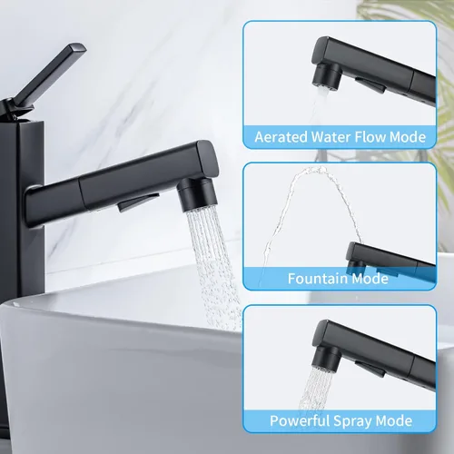 Miniatura 3 de HANLIAN Grifo de lavabo tipo vasija de baño extraíble de una sola manija con boquilla giratoria, moderno grifo de baño alto de un solo orificio
