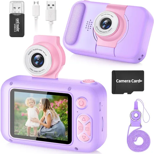 Miniatura 10 de ARNSSIEN Cámara para niños, cámara digital de juguete para niños pequeños con lente abatible de 180°, pantalla IPS de 2.4 pulgadas, tarjeta de 32