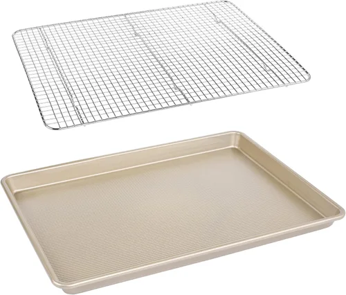 Kitcom Bandeja grande para galletas de 17.7 x 12.8 pulgadas con estante, bandeja antiadherente para hornear con juego de estante de enfriamiento de