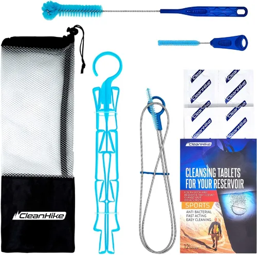 Kit de limpieza de vejiga de hidratación de depósito, kit de limpieza de depósito de agua 6 en 1 de 3 cepillos, marco plegable, (12) tabletas de