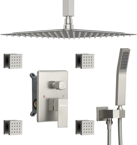 Miniatura 10 de Sistema de ducha dorado cepillado con 4 chorros de ducha y cabezal de ducha de techo de 12 pulgadas y rociador de mano, sistema de grifo de ducha