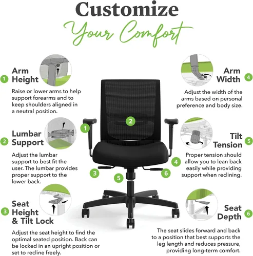 Miniatura 5 de HON Convergence - Silla de oficina ergonómica, malla de soporte de espalda transpirable, brazos ajustables, silla de computadora con soporte lumbar