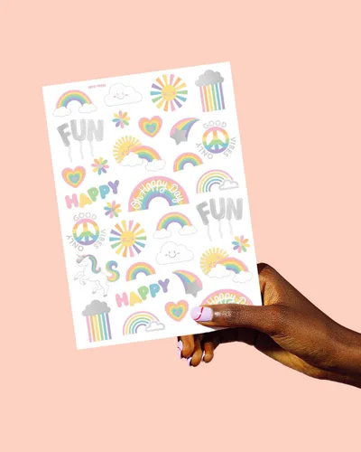 Miniatura 5 de xo, Fetti Tatuajes temporales de arcoíris - 46 estilos de purpurina Suministros para fiesta de cumpleaños de unicornio, baby shower, recuerdos