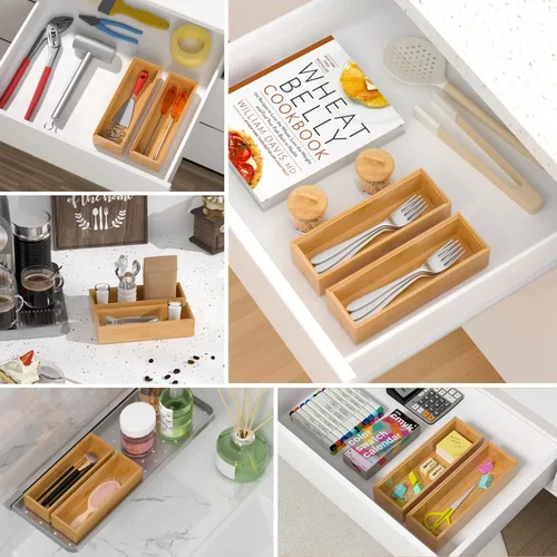 Miniatura 6 de VeyFey Bandeja de cubiertos para cajón, organizador apilable de bambú para cajones de cocina, 9 x 3 x 2 pulgadas, juego de 2