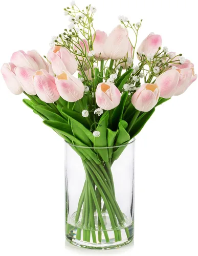 ENOVA FLORAL Tulipanes artificiales de 18 cabezas, tacto real en jarrón, flores artificiales mixtas de gypsophila en jarrón con agua sintética para