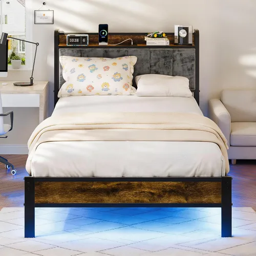 PROTEA Base de cama de tamaño individual con luces LED y estación de carga, cabecera tapizada con almacenamiento, plataforma resistente con listones