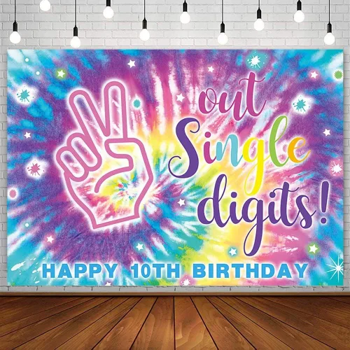 Telón de fondo de un solo dígito de 7 x 5 pies, decoración de fiesta de cumpleaños número 10 para bebé, teñido anudado, arcoíris, neón, "It's My 10