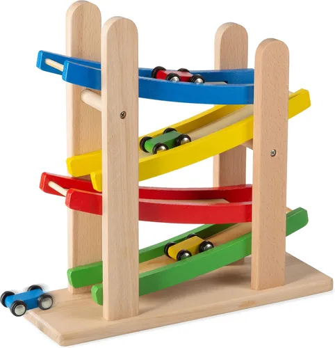 Play22 Rampas de madera para autos de carrera, 4 niveles, pista de carreras incluye 4 autos de juguete de madera, My First Baby Toys - El juego de