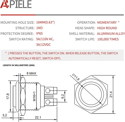 Miniatura 2 de APIELE Interruptor de botón momentáneo de 0.630 in, interruptor de botón momentáneo de 0.63 pulgadas, tapa redonda alta, carcasa de aluminio
