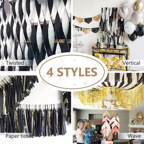 Miniatura 6 de Serpentinas de papel crepé PartyWoo, 4 rollos de 328 pies, paquete de papel crepé negro y dorado para fiesta, boda, cumpleaños, decoraciones