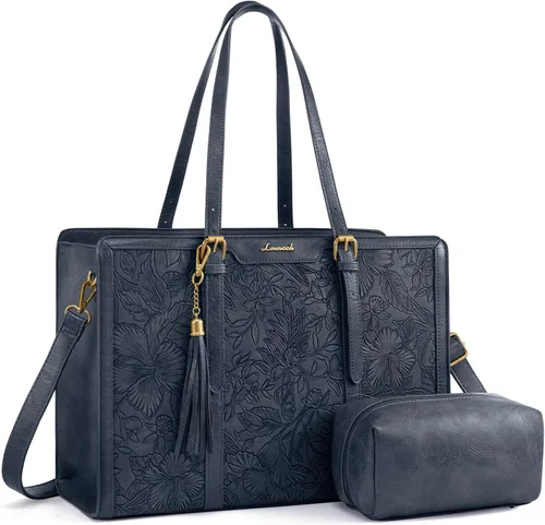 Miniatura 24 de LOVEVOOK Bolsa de mano para laptop para mujer, bolsa de trabajo vintage de 15.6 pulgadas con embrague, bolso grande de cuero para laptop con soporte