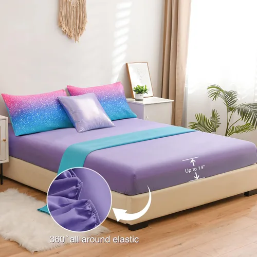 Miniatura 2 de A Nice Night Juego de ropa de cama de 6 piezas con purpurina degradada para niñas, tamaño Twin, juego de edredón colorido de galaxia arcoíris, Azul