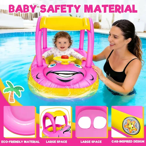 Miniatura 6 de iGeeKid Flotador inflable de piscina para bebé con toldo, asiento de seguridad para bebé, flotadores de natación en forma de automóvil, flotadores