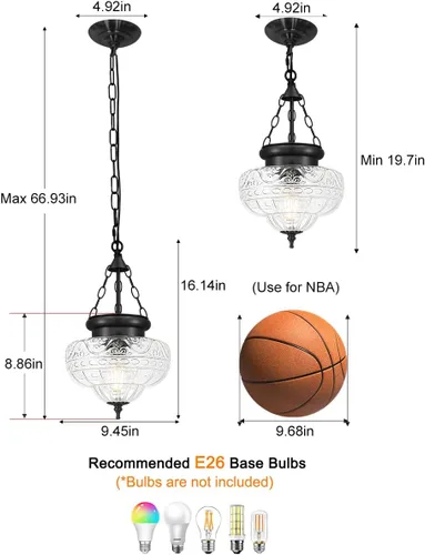 Miniatura 9 de Lámpara colgante vintage, luces colgantes negras mate para isla de cocina con vidrio grueso único, accesorios de iluminación colgantes con cadena