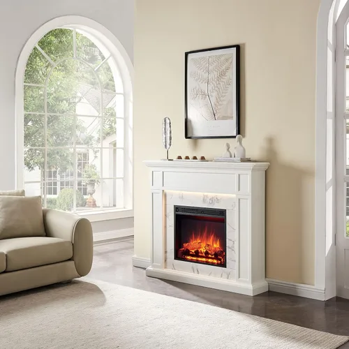 Miniatura 2 de Suite de Chimenea Legend Flame Sheraton, Repisa de 48 Pulgadas, Acabado en Crema Blanca con Patrón de Mármol Blanco Nevado, con Inserto de Chimenea