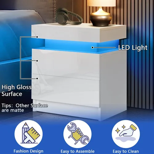 Miniatura 8 de HOMMPA Mesita de noche LED, mesita de noche blanca con luces LED, moderna mesita de noche con 2 cajones de alto brillo, mesita de noche inteligente