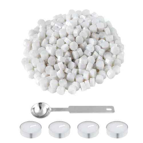 Miniatura 9 de NACHLYNN 600 cuentas de cera de sellado octágono, cuentas de sello de cera azul cielo con 1 cuchara de fusión y 4 velas de té para tarjetas