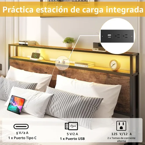 Miniatura 4 de Lifezone Estructura de Cama Full con Cabecero de Almacenamiento de 2 Niveles, Estructura de Cama de Plataforma de Metal con 4 Cajones de Marrón