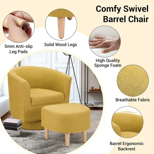 Miniatura 5 de DAZONE Silla giratoria con otomana, modernas sillas de barril de 360° para sala de estar, dormitorio, cómoda silla de lectura tapizada para bañera