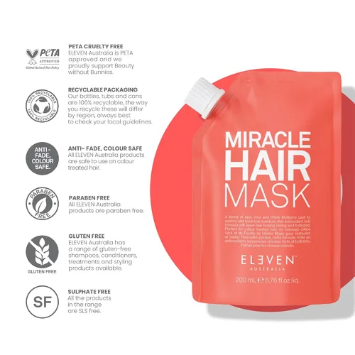 Miniatura 6 de ELEVEN AUSTRALIA Miracle Hair Mask for Dry Damaged Hair - Tratamiento acondicionador profundo para hombres y mujeres, restaura la humedad y ayuda a