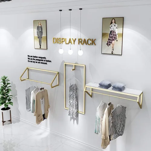 Miniatura 5 de Modern Simple - Estante de exhibición de metal resistente para hombres y mujeres, perchero de pared con madera, riel para ropa, toallero para colgar