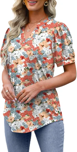 Miniatura 3 de OFEEFAN Blusas plisadas de manga abombada para mujer, cuello en V, holgadas, dobladillo curvado, blusas elegantes, informales, S-3XL