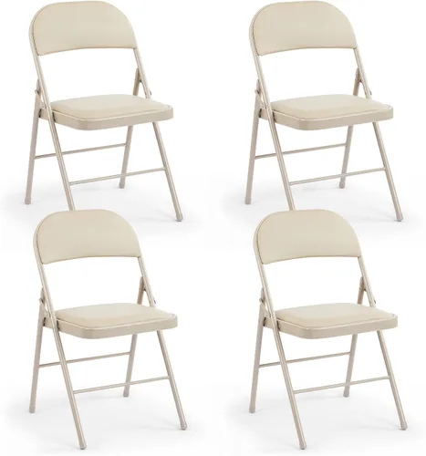 DUMOS Paquete de 4 sillas plegables acolchadas de cuero, asiento comercial apilable portátil para interiores y exteriores con marco de acero, Caqui