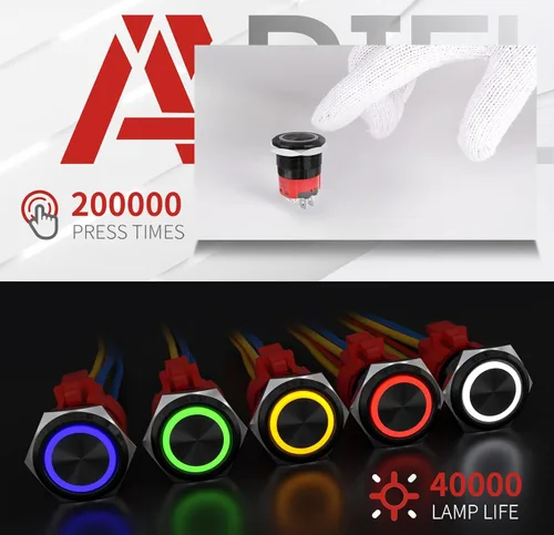 Miniatura 5 de APIELE Interruptor de Botón Pulsador con Pestillo de 10 Amperios 22mm 12V Ojo de Ángel LED Impermeable Aleación de Aluminio Redondo Autobloqueante