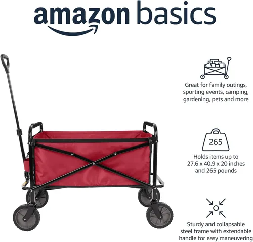 Miniatura 2 de Amazon Basics - Carrito plegable resistente para exteriores, para deportes al aire libre, camping, jardín y compras, capacidad de peso de 265 Rojo