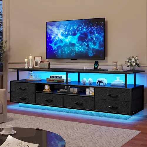 BTHFST Soporte de TV para TV de 65 y 70 pulgadas con luces LED y tomas de corriente, centro de entretenimiento con estantes abiertos y 6 cajones de